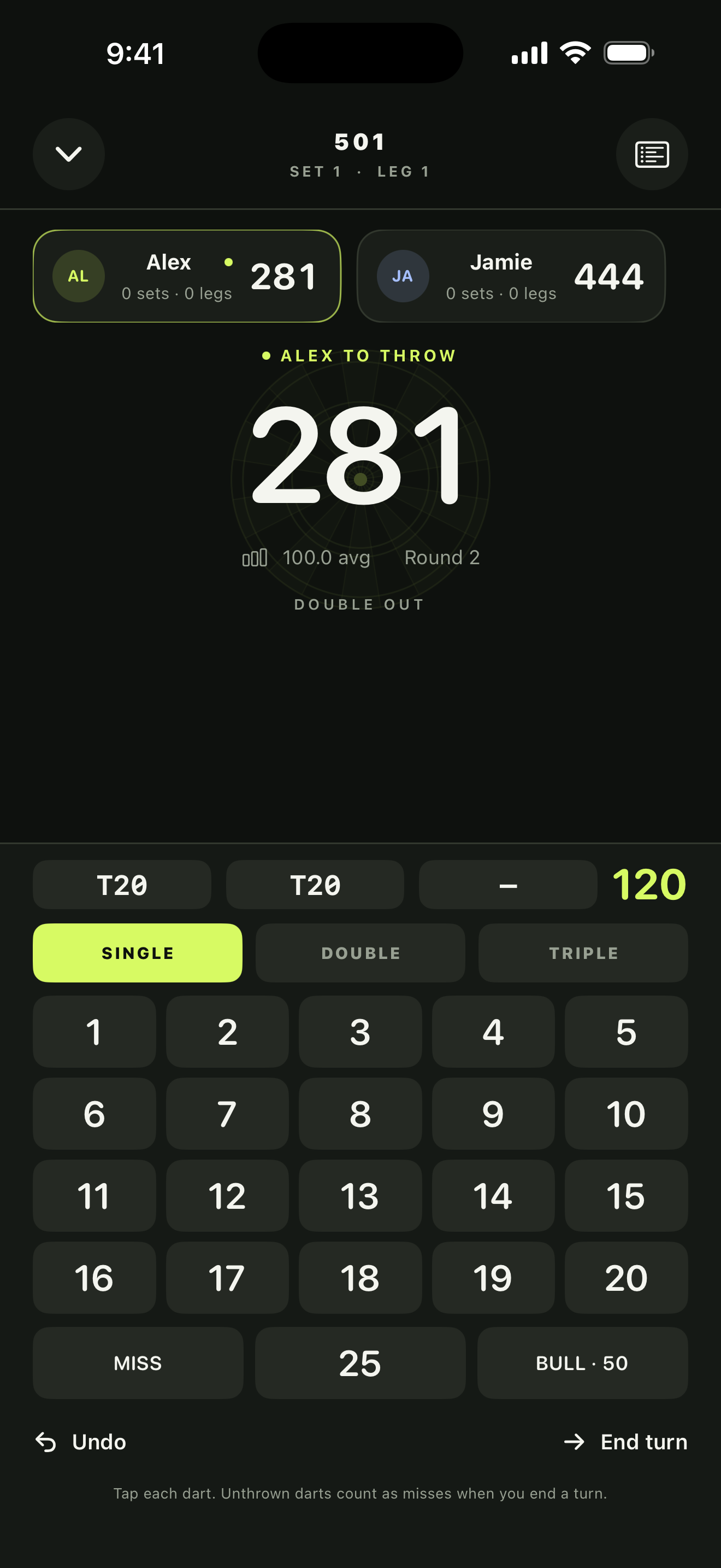Double Out's dark 501 scoreboard. Alex has 281 points remaining, with two treble twenties recorded for a turn total of 120.